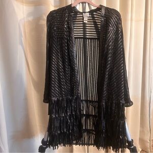 Chico size 0 sheer/fringe open front cardigan, kimono black reptile, print trim